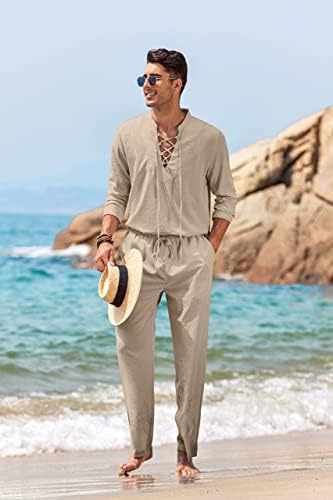 Coofandy masculino de linho de 2 peças de manga longa camisas de camisetas casuais calças de praia