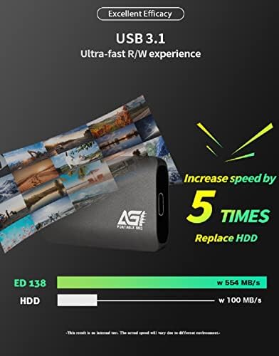 AGI 1TB ED138 SSD externo portátil, USB3.2 Gen2 Tipo-C para cabo Tipo-C/Tipo-A, alojamento de alumínio. Portátil seu armazenamento com velocidade de transferência extrema.