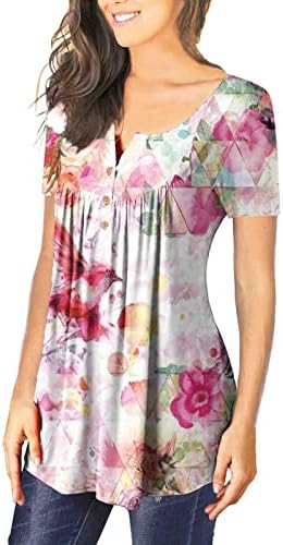 Camisas femininas Floral Impresso de manga curta Button Butter Up Tunic Bush Tops Notch V pescoço camisetas