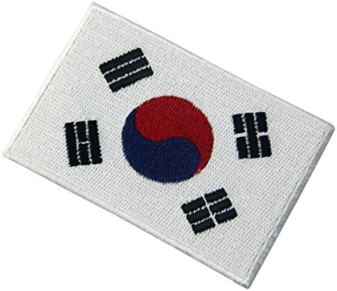 A bandeira da Coréia do Sul Applique Iron-On Size Mides Media 1,13 polegadas de altura por 1,75 polegadas de