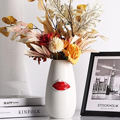 Vaso bonito, vaso de cerâmica de lábios vermelhos grandes, vaso branco para grama pampa, vaso de rosto, minimalismo