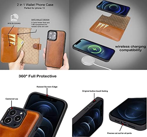 Venoult Brown iPhone 13 Pro 6.1 Caixa Carteira de caixa, porta de cartão para homens ou mulheres Magnetic Luxury capa de luxo, carga sem fio MagSafe compatível, suporte de chute, RFID protegido feito à mão artesanal