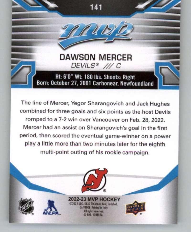 2022-23 MVP do convés superior 141 Dawson Mercer New Jersey Devils NHL Hockey Trading Card