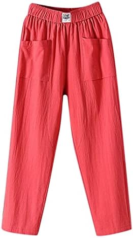 Calça de linho de algodão da cintura elástica feminina de Zhuer com bolsos de verão, respirável calças de praia relaxadas relaxam calças de harém