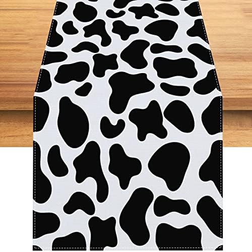 RVsticty Linen Cow Print Table Runner Runner preto e branco Toel de cabeceira Decorações e suprimentos para festas de festas para cozinha em casa-13 × 90 '' '