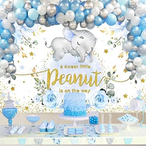 Sensfun bebê menino elefante chá de bebê pano de fundo azul floral fofo amendoim está a caminho da faixa de fotografia azul de elefante azul para decorações de mesa de bolo de festa