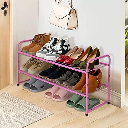 Rack de sapatos de 2 camadas Sufauy, organizador de armazenamento de prateleira de sapatos empilhável para armário de entrada, grade extra grande, grade de arame, rosa