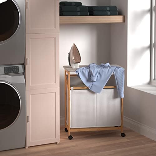 Carrinho de cesto de lavanderia de bambu de armário com estação dobrável de placa de ferro, compartimentos