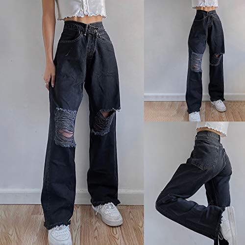 Calça de fundo de miashui jean sino para mulheres de tamanho grande as calças femininas da cintura alta ruptura moda casual de borda reta