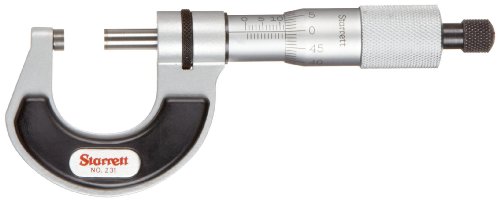 Micrômetro Starrett V231MXRL, quadro isolado, parada de catraca, porca de travamento, faces de carboneto, intervalo de 0-25mm, graduação de 0,001 mm, +/- 0,002 Precisão