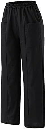 Calças de linho de algodão feminino Longo relaxado Fit Solid Color Lotera reta Cintura elástica Estream calças de perna larga com bolsos
