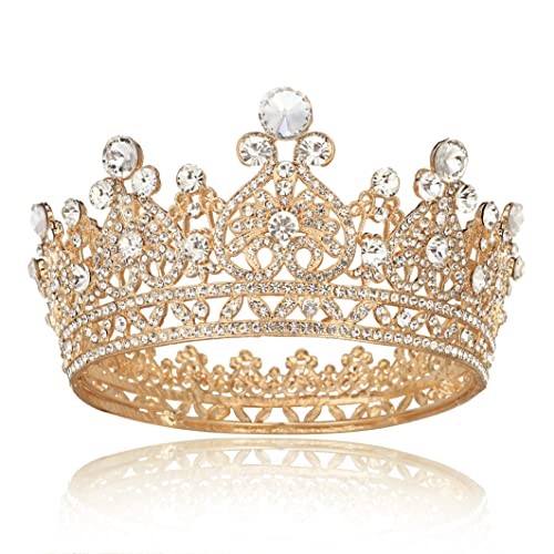 Coroas da rainha do ouro para mulheres, coroa de aniversário de casamento para mulheres Tiaras de strass em rodada