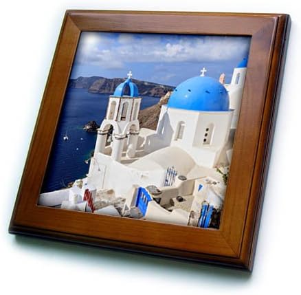 3drose igrejas e casas tradicionais de telhado azul, Santorini. Grécia. 6 por 6 polegadas telhas decorativas, 8x8 emolduradas