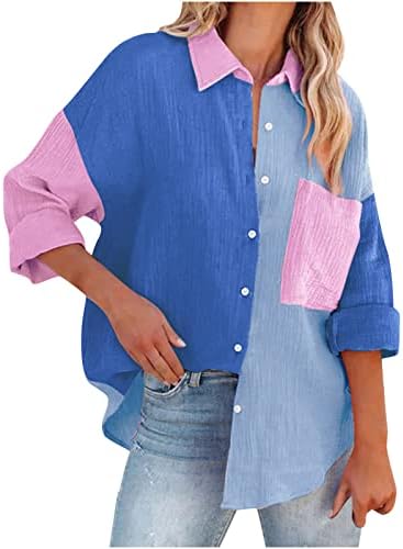 Mulheres na moda Button Down camisa Casual Namorado Camisas de manga comprida Contraste Colorblock Tops Girls V colar de pescoço Blosue