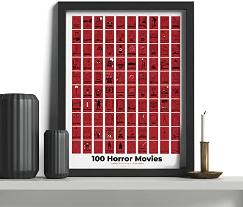 Gráfico pop | 100 filmes de terror pôster de arranhões | Arte da parede de 12 x 16 | Decoração de filme de terror para o fã de filme assustador | fabricado nos EUA