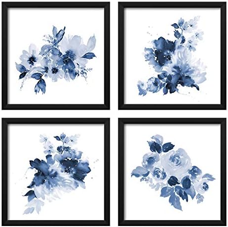 Artbyhannah 4 pacote 10x10 Arte de parede azul emoldurada Conjunto com estampa floral de armação branca para decoração doméstica do quarto do banheiro decoração