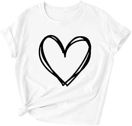 Camiseta casual de verão para mulheres corações Imprima blusas soltas Faixa Crewneck Camiseta de manga curta Tops 2023 camisas confortáveis