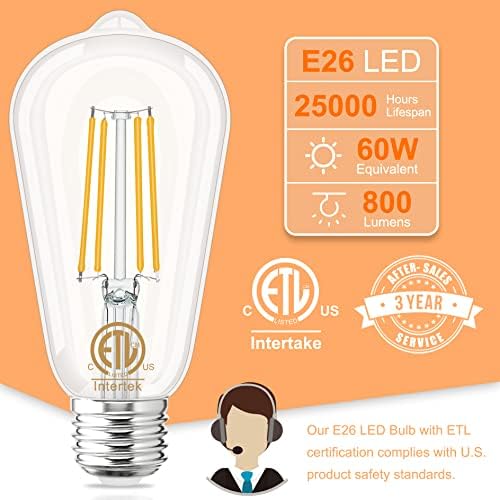 Bulbos de Edison 60 watts equivalente, e26 lâmpada LED branca macia 3000k, 800lm, 6W 120V CRI85, E26 Base média,