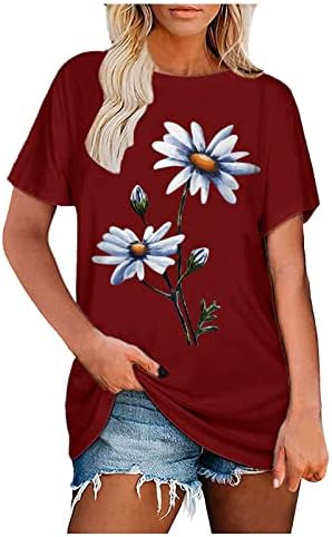 Bloups de spandex de pescoço de barco para menina adolescente de manga curta Sunflower Floral Print Lounge Flowy Bloups T camisetas femininas CI
