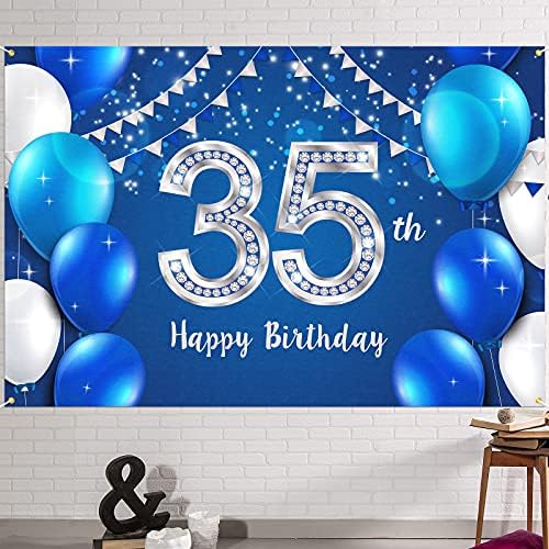 Hamigar 6x4ft Happy 35th Birthday Banner Beddrop - 35 anos de idade de decoração de aniversário material para homens - Blue Silver