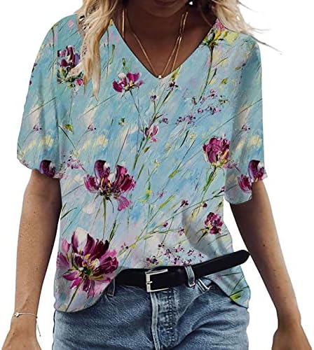 Tampas de tamanho grande para mulheres camisetas de impressão em tinta de tie floral de verão V-shirt