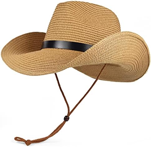 Einskey Unissex Straw Cowboy Chapéu de cowgirl, chapéu de sol de sol formato amplo Birm Fedora Panamá para homens e mulheres