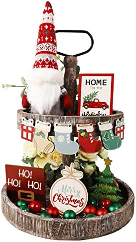 Decoração de bandeja em camadas de Natal Tabela de inverno Decorações de placas de madeira Sinais de árvore de Natal rústicos Decoração de mesa 11pc para decoração de bandeja em camadas da casa…