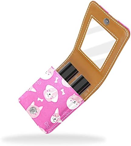 Caixa de batom de maquiagem portátil para viajar, cães fofos cães rosa Mini Batom Storage Box com espelho para mulheres mulheres, bolsa cosmética de couro
