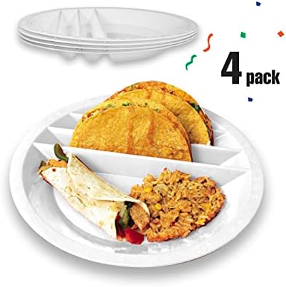 Taco Mex Taco Plate, reutilizável, redondo, preparação e prato de servir, para tacos de concha macia e dura, plástico de 10,75 polegadas, aparência Uber e qualidade, cofre de microondas, conjunto de embalagens, branco, branco