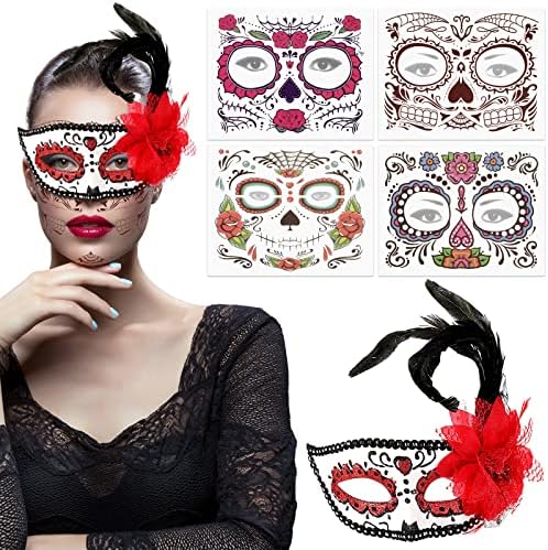 5 peças dia da máscara morta máscara de caveira de açúcar tatuagens de rosto temporário conjunto de flores