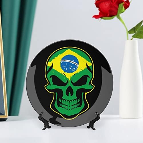 Brasil Flavel Skull Funny Bone China Decorativa Placas de cerâmica redonda Craft With Display Stand for Home Office