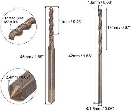 UXCELL M2 x 0,4 Tap de flauta em espiral e conjunto de brocas de torção de 1,6 mm, métrica M35 cobalto