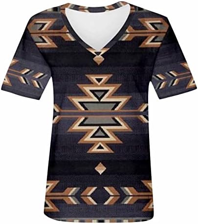 Tampas geométricas geométricas astecas femininas Summer V camiseta de pescoço Retro Manga curta