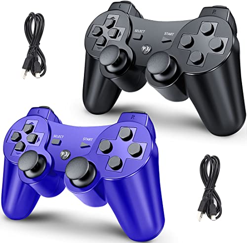 Effun Wireless Controller for PS3 e PC Controller para PlayStation 3 Controller Wireless para PS3 Controller Wireless com DoubleShock, Sensor de 6 eixos, Idéias de presentes para meninos adolescentes, 2 pacote, preto e azul