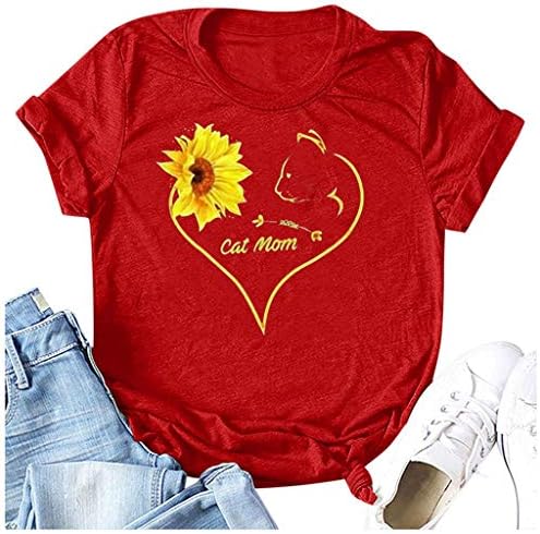 Verão feminino gato mãe letra impressão camiseta tops floral coração de coração gráfico