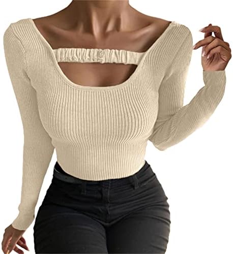 Camisas de manga longa para mulheres com nervuras de estrondos sólidos tenres esbeltos de coleta de pescoço de pescoço de outono tops suéter de pulôver