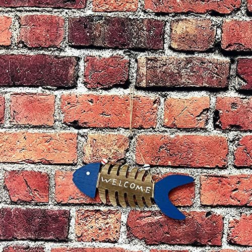 Yumbor Peixe de madeira bem -vindo sinal de arte na parede náutica, pendurando peixe vintage ornamento de