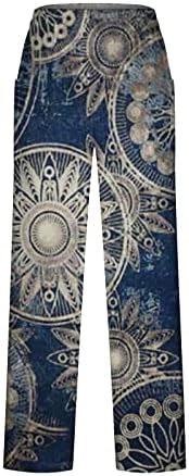 Calças de linho floral para mulheres calças de ioga boêmia macia linho de algodão largura de banda