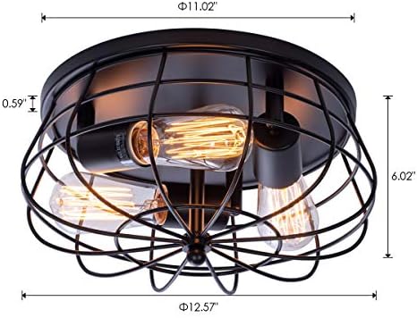 Viluxy Industrial Industrial 3-Light Rustic semi descarregam a luz do teto, com gaiola de metal para cozinha,