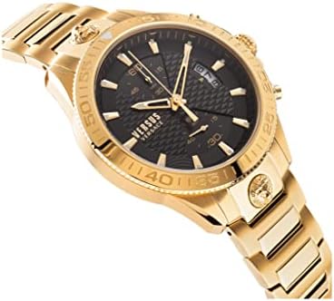 Versus Versace Griffith Collection Luxury Mens Watch Tward com uma pulseira de ouro com uma caixa de ouro amarelo IP e mostrador preto