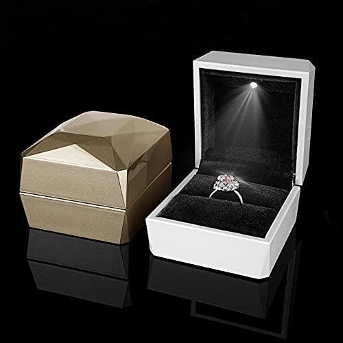 Caixa de anel de noivado de lanchonete com luz LED, Brincos de veludo Caixa de armazenamento de jóias de jóias para jóias para proposta Aniversário de aniversário do casamento Valentine Day's Day's Gifts-White