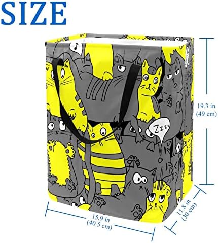 Funny Cartoon Cat amarelo cinza estampa encobrável cesto de roupa, cestas de lavanderia à prova