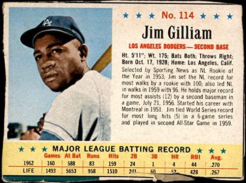 1963 Post Cereal 114 Jim Gilliam Los Angeles Dodgers Fair Dodgers