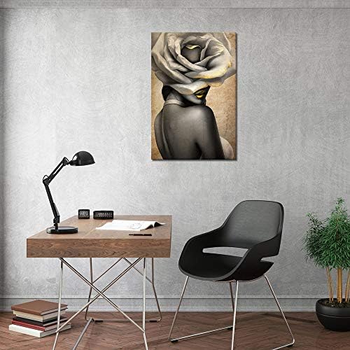 Klvos White Rose Flower Canvas Arte da parede em mulheres negras Cabeça vintage Afro -americano Girl Picture Moda Girl Art Modern Decorative Artwork for Bedroom em casa emoldurada pronta para pendurar 24x36inch