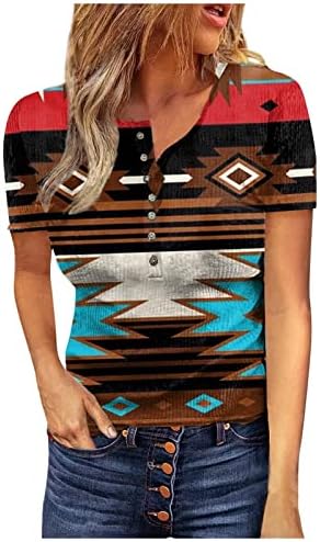 Camiseta geométrica de impressão geométrica feminina TOPS TOPS AZTEC Camiseta gráfica casual Blusa de manga curta solta Camisas de estilo étnico ocidentais