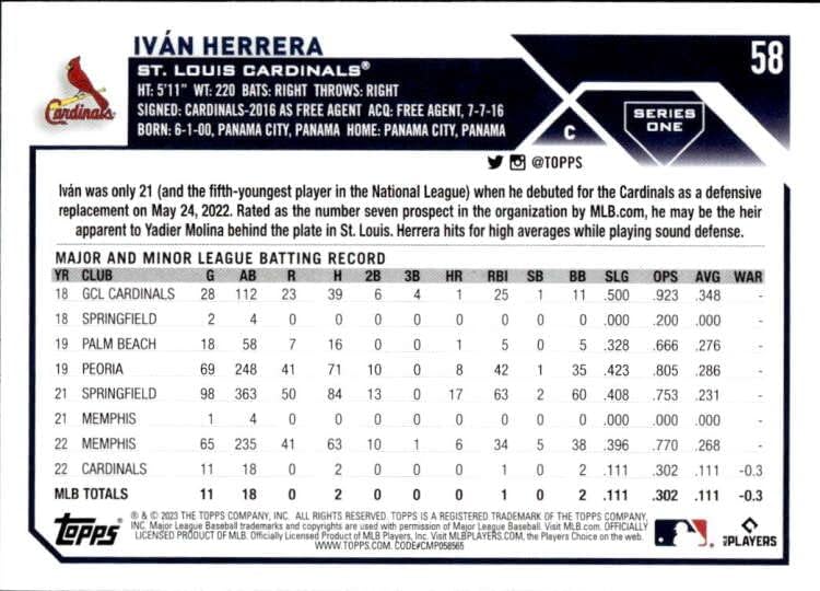 2023 Topps 58 Ivan Herrera NM-MT RC Cardinals