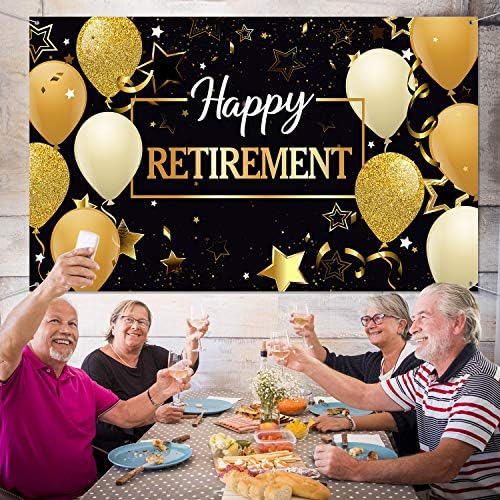 Decorações de festas felizes de aposentadoria, tecido extra grande preto e dourado feliz aposentadoria