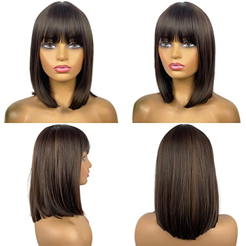MimiseVice Brown Brown Bob peruca com franja, peruca direta curta para mulheres com aparência natural resistente ao calor perucas