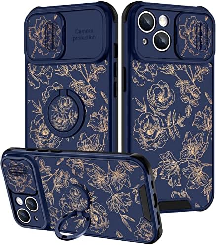 Goocrux (2in1 para iPhone 14 Plus Case Girassol Floral para Mulheres Meninas Capa de Telefone Feminino Design Futuras fofas Com capa de câmera deslizante+porta -toque de estojo azul exclusivo para iPhone 14Plus 6,7 polegadas