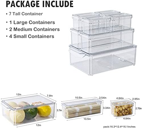 Fioyalife 7 Bins de organizador de geladeira, organizadores de geladeira empilhável e armazenamento claro, caixas de armazenamento de plástico com tampas, organização de despensa sem BPA Storagen para alimentos, frutas, bebidas, vegetais